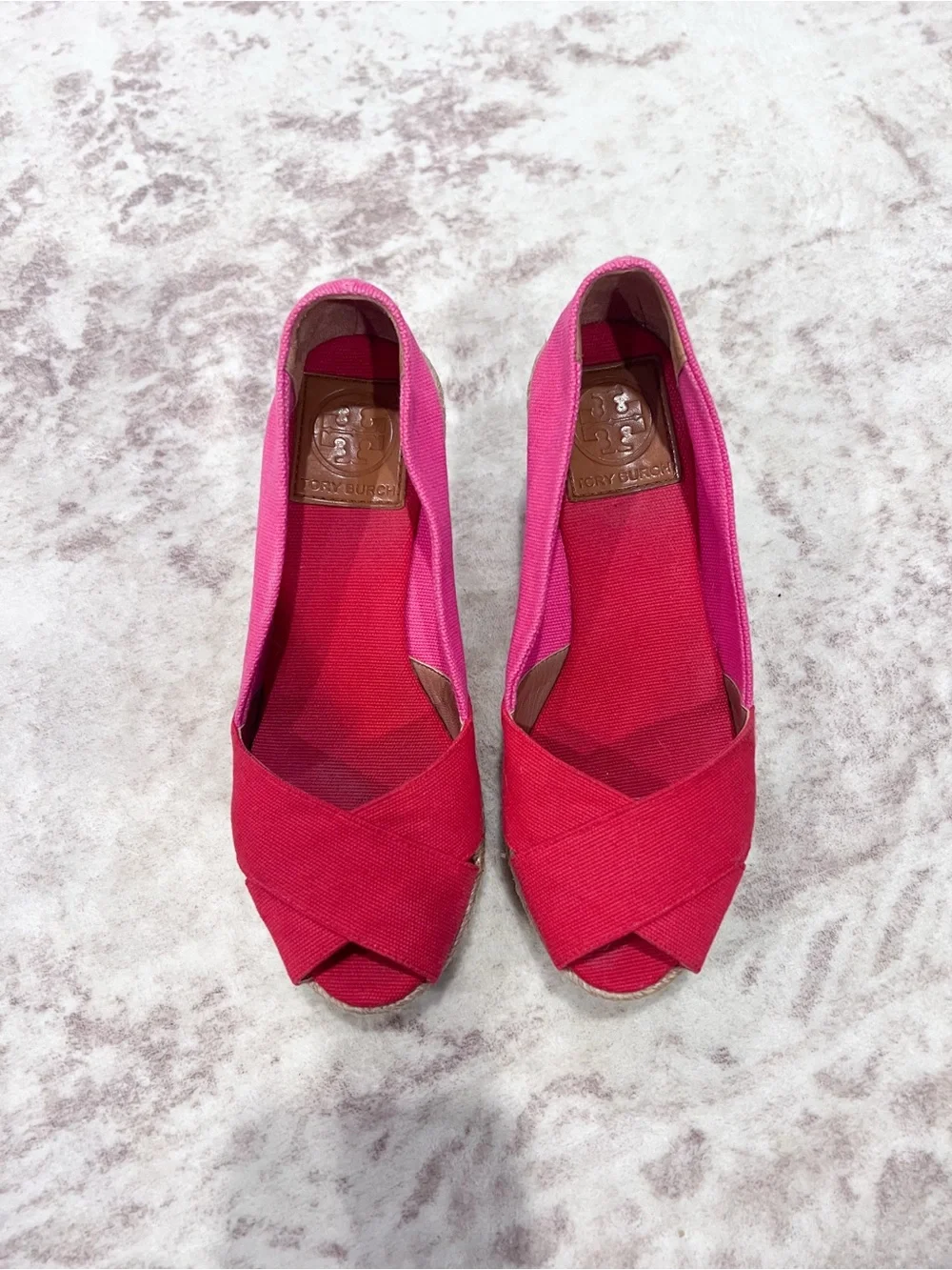 Tory Burch Filipa Pink & Hot Pink Espadrille Wedge Peep-Toe